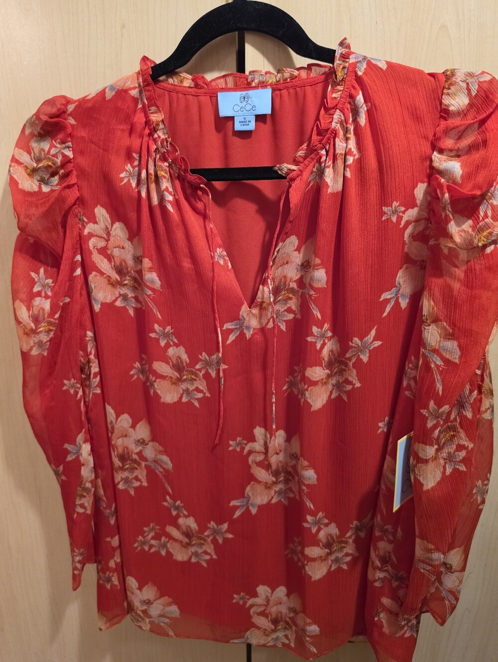 CeCe Bright Red Floral V-Neck Ruffle Blouse